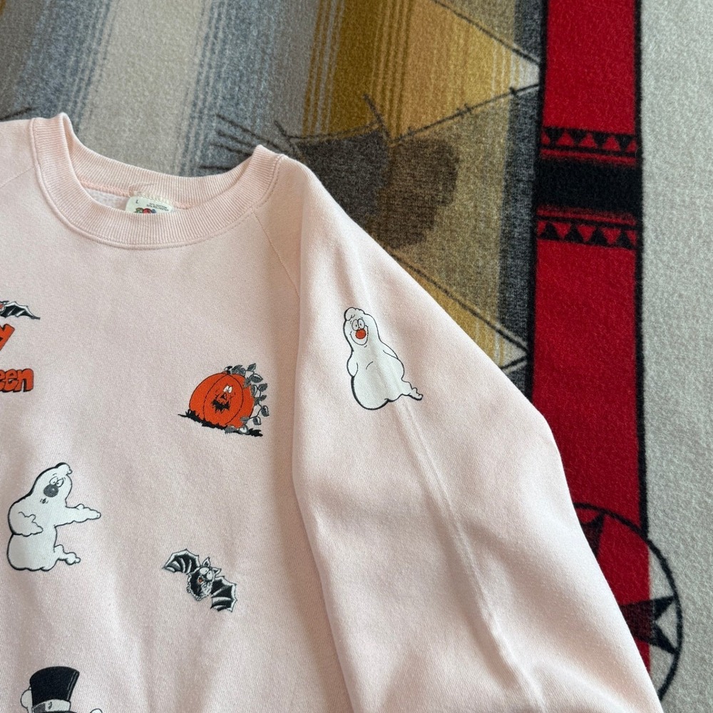 Vintage Fruit of the Loom Halloween Sweatshirt Pink Raglan Ghost Pumpkin Large - Picture 6 of 10